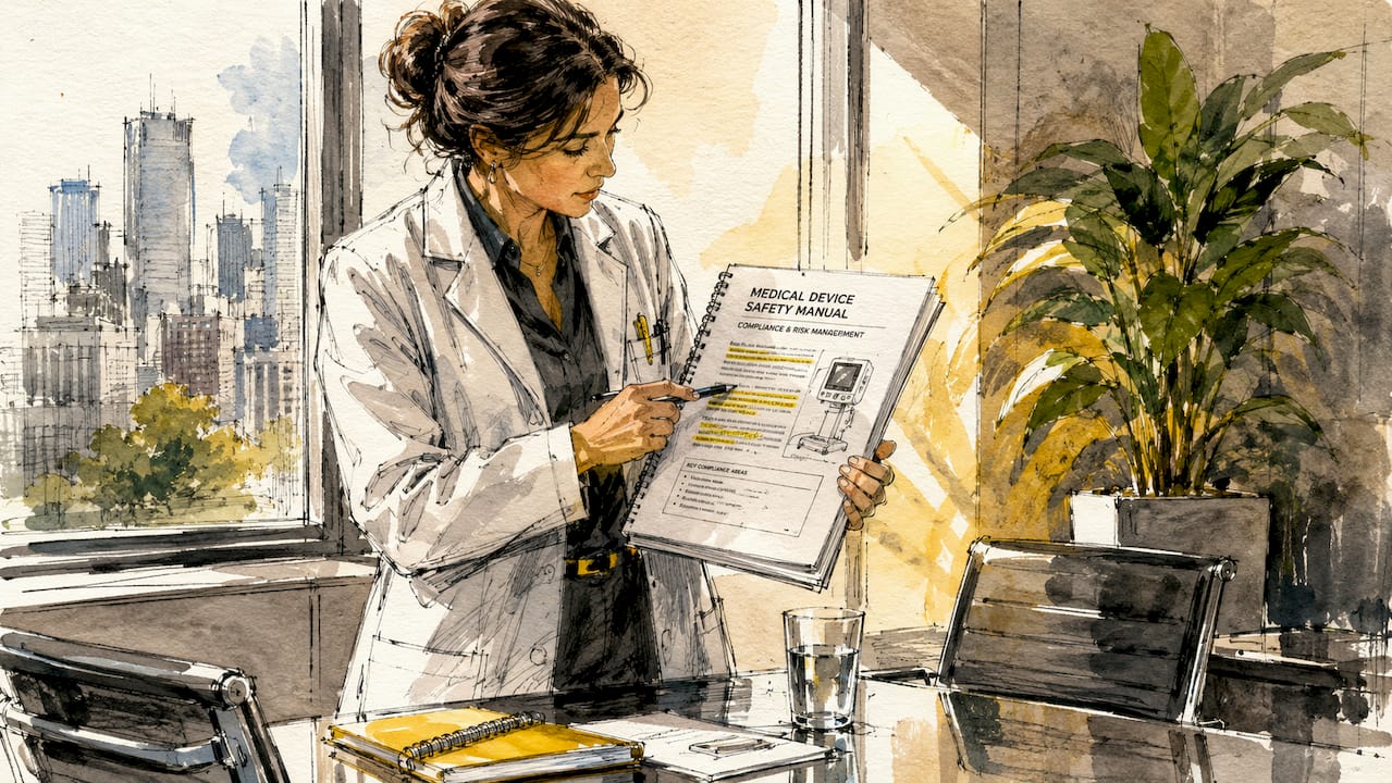 Een paar handen wijst naar de handleiding voor medische apparatuur en compliance.