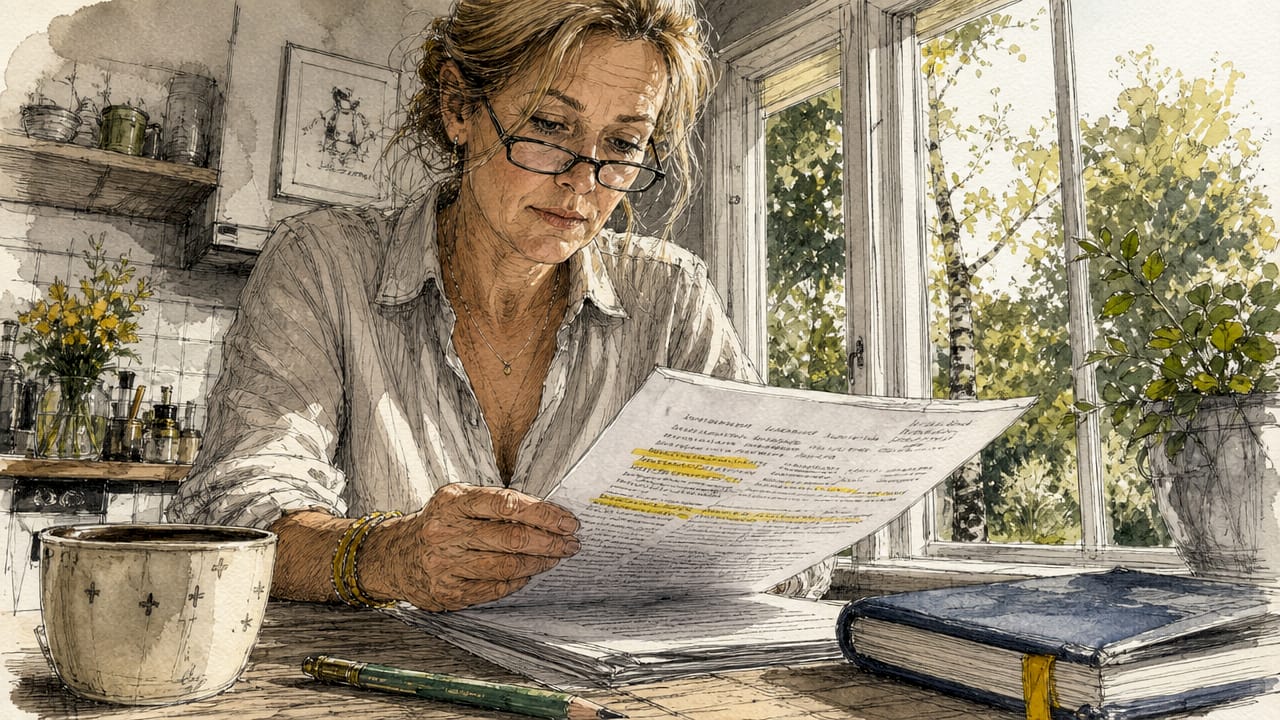 En kvinna sitter vid sitt skrivbord och går noggrant igenom en auktoriserad översättning.