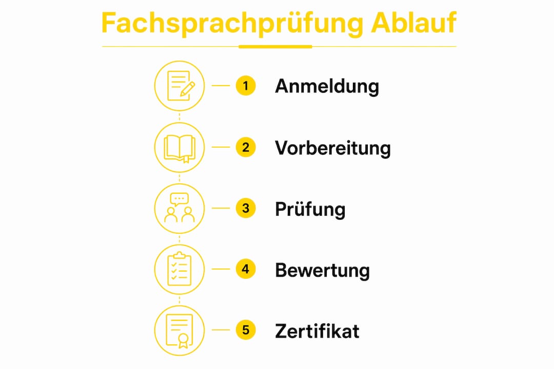 Die Infografik veranschaulicht Schritt für Schritt den Ablauf der Fachsprachprüfung.