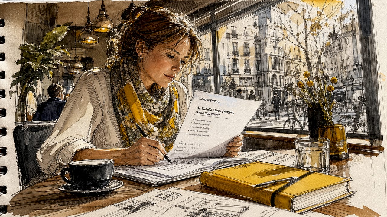 Een vrouw buigt zich over een vertrouwelijk document over het vertalen van AI-toepassingen.