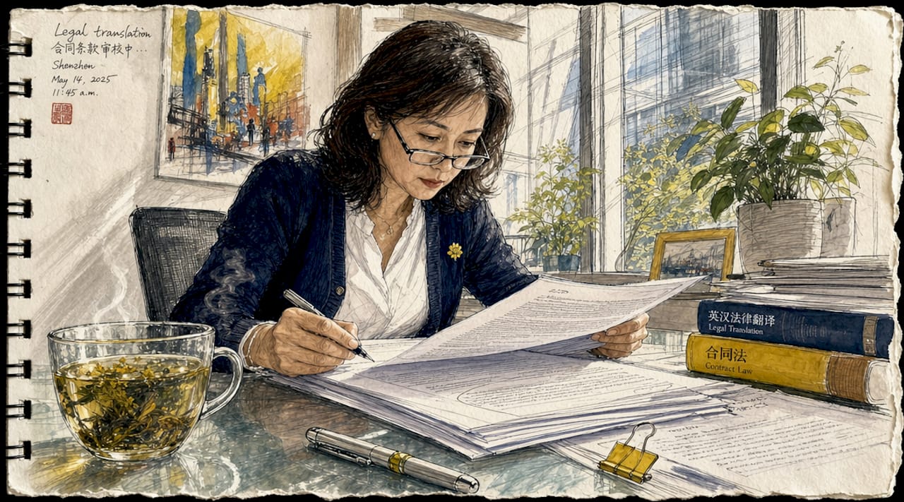 Woman reviewing printed legal contract at desk
