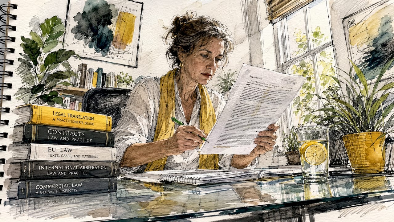Kääntäjä tarkistaa paperille tulostettua lakiasiakirjaa huolellisesti.