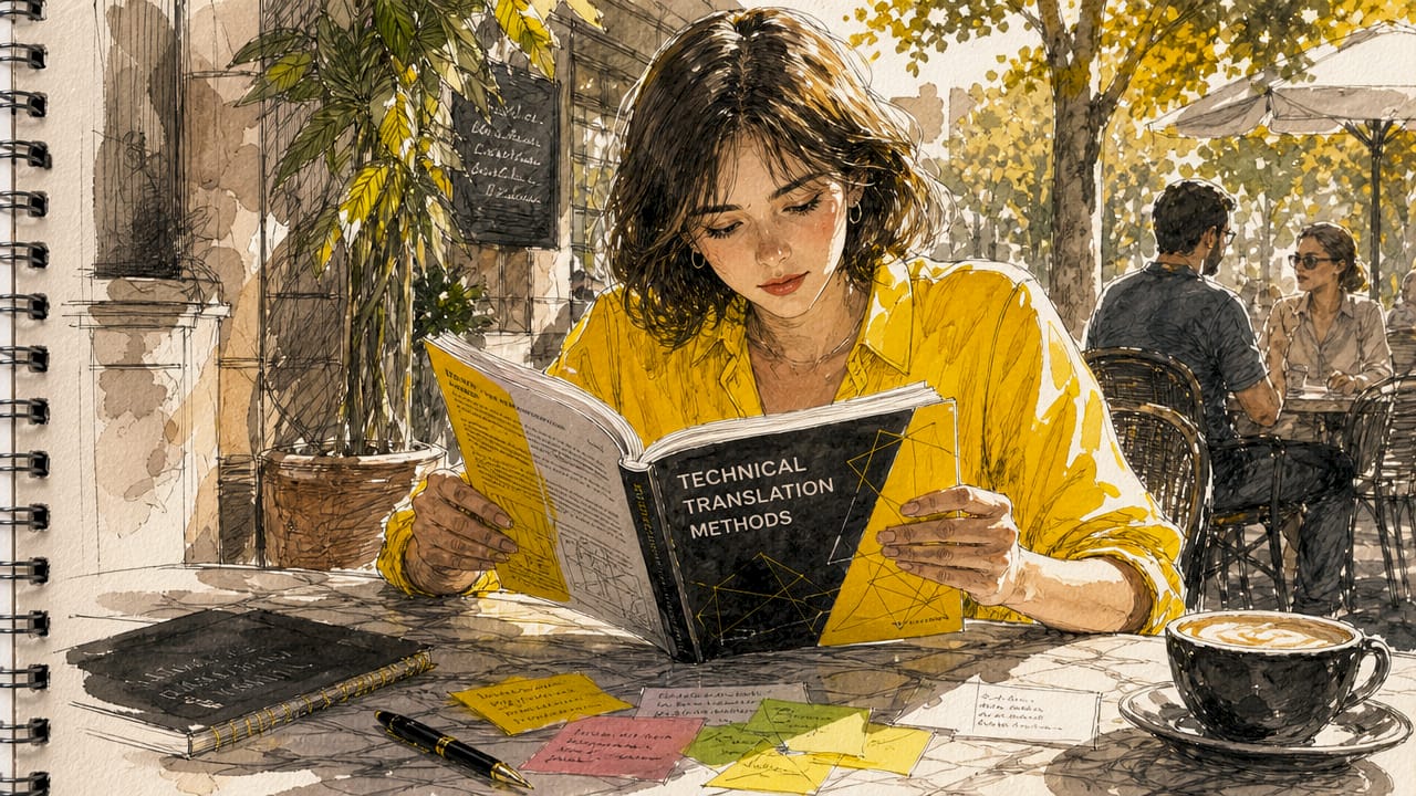 Hands reviewing technical translation manual