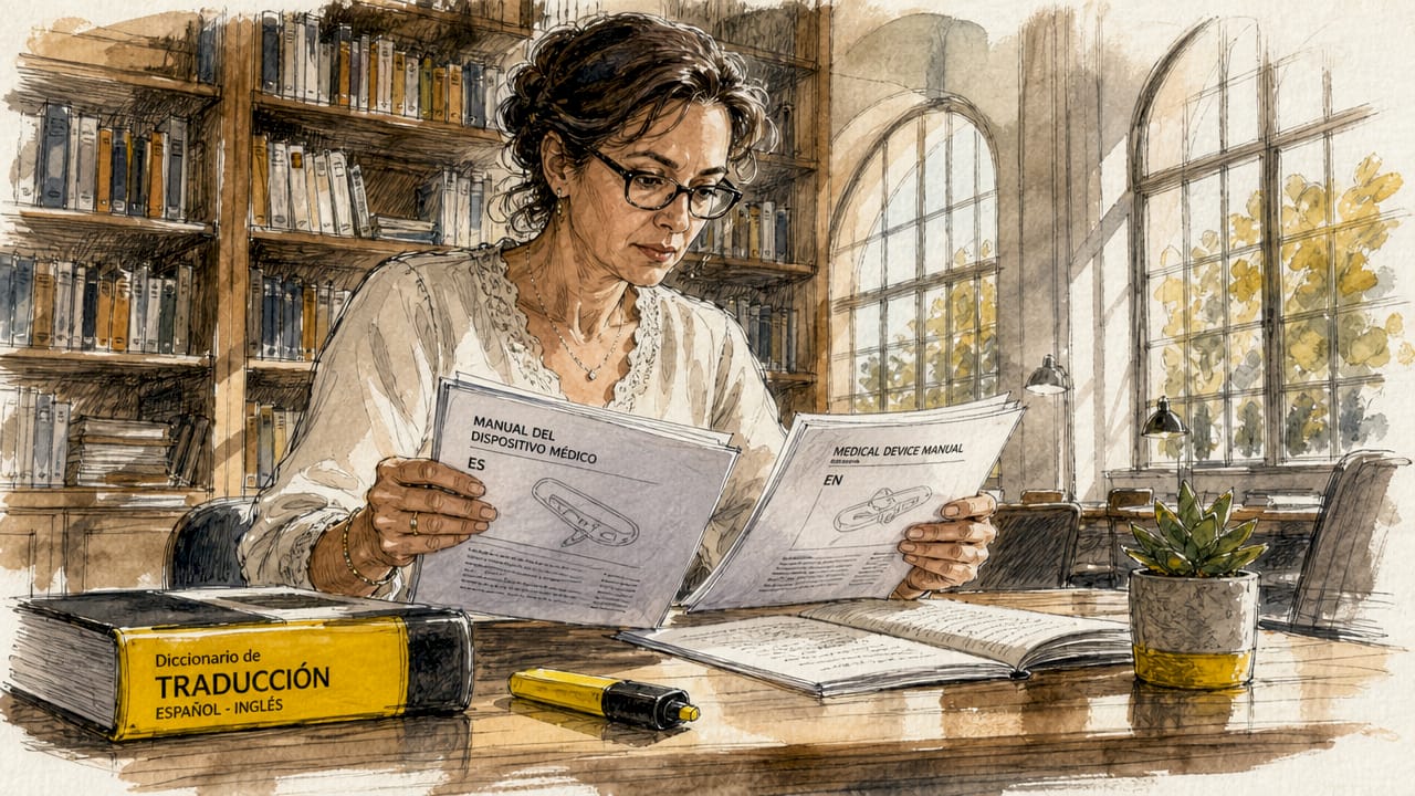 Translator reviewing bilingual medical manual