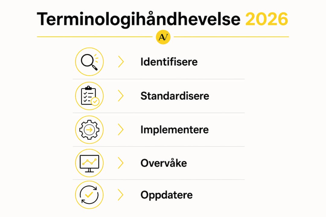 Infografikk som viser stegene for å sikre riktig bruk av fagtermer i 2026