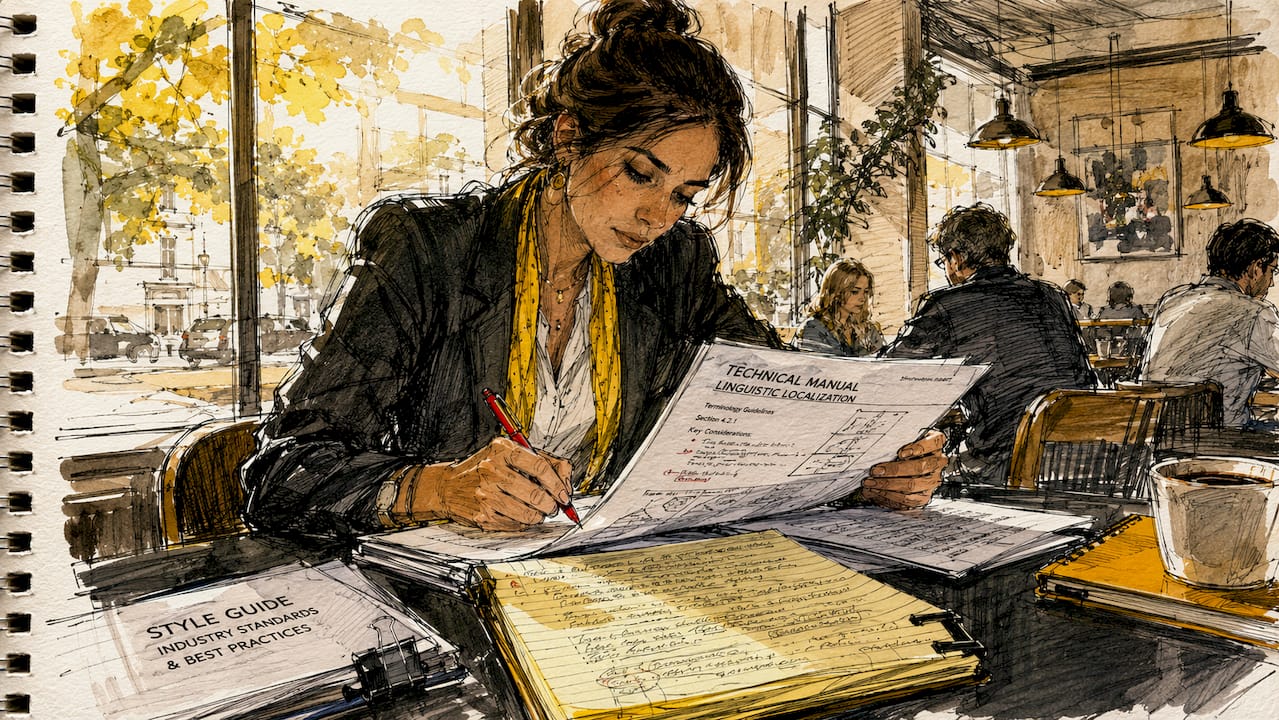 SME linguist reviewing specialized documents in office