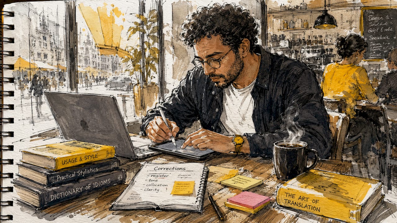 Hands editing AI translation on tablet