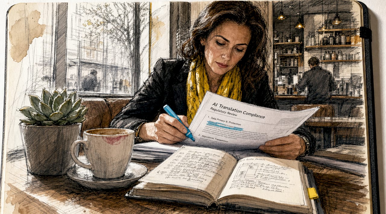 Compliance officer reviewing AI translation risks documents