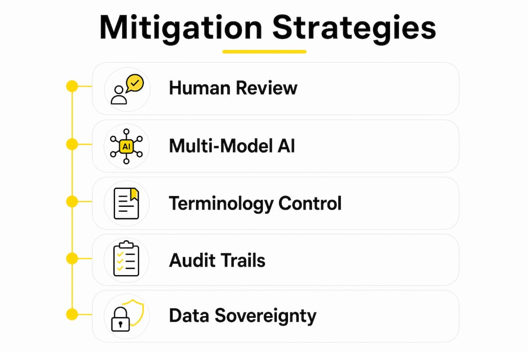 Infographic outlining AI translation mitigation strategies in steps