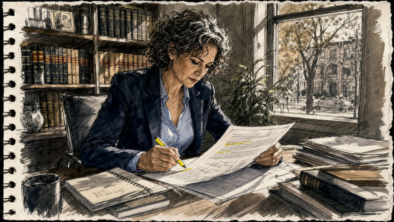 Een professional buigt zich op kantoor over het controleren van een terminologiedocument.