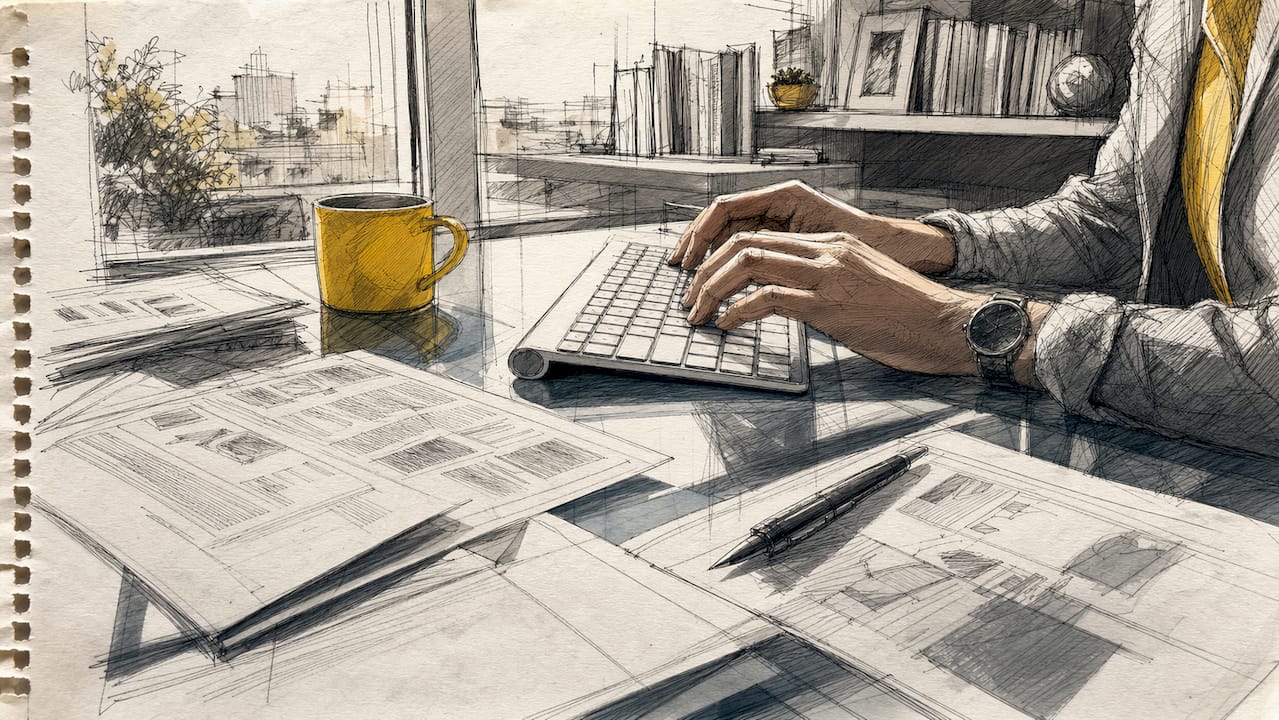 Vingers razen over het toetsenbord, terwijl papieren vol technische termen verspreid op tafel liggen.