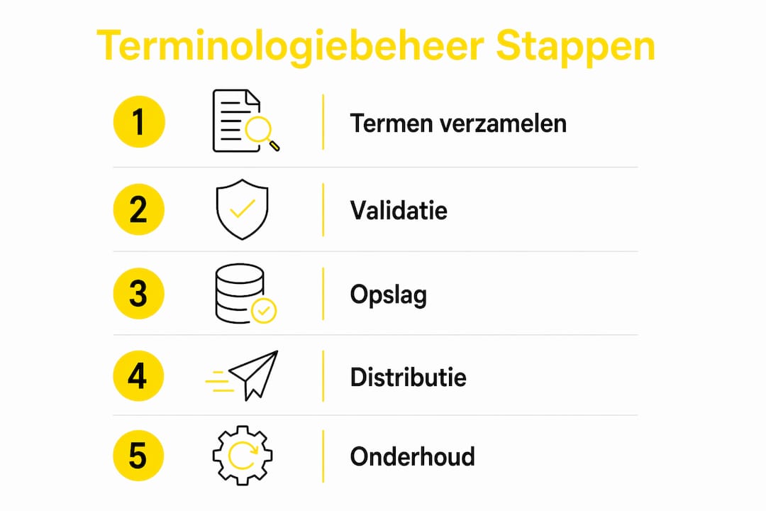 Overzichtelijke infographic met de belangrijkste stappen voor effectief terminologiebeheer