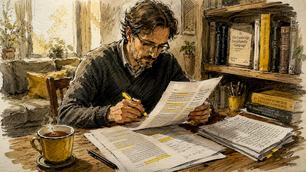 Een paar handen werkt thuis achter de computer aan het redigeren van door AI vertaalde documenten.