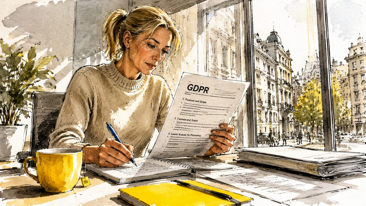 En kvinne sitter ved pulten og går nøye gjennom et GDPR-dokument.