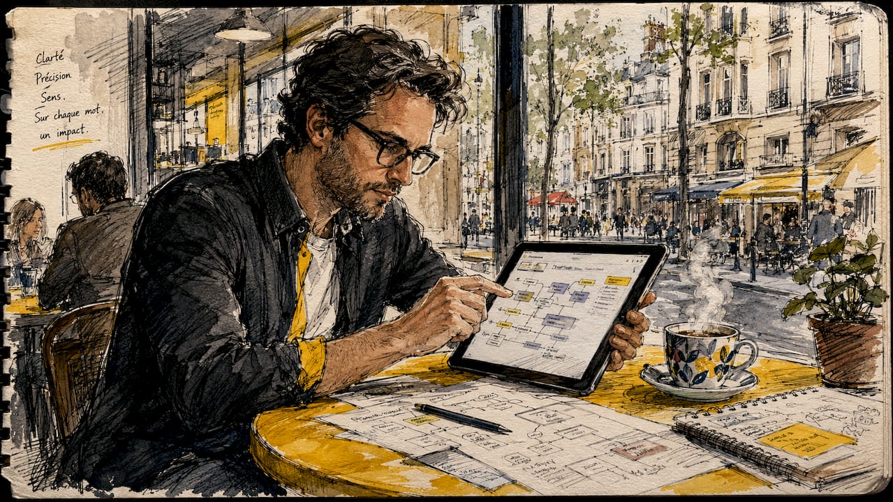Handen die een tablet bedienen met vertaalsoftware