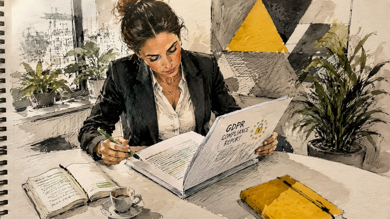 Compliancechefen sidder på kontoret og gennemgår den nyeste GDPR-rapport.