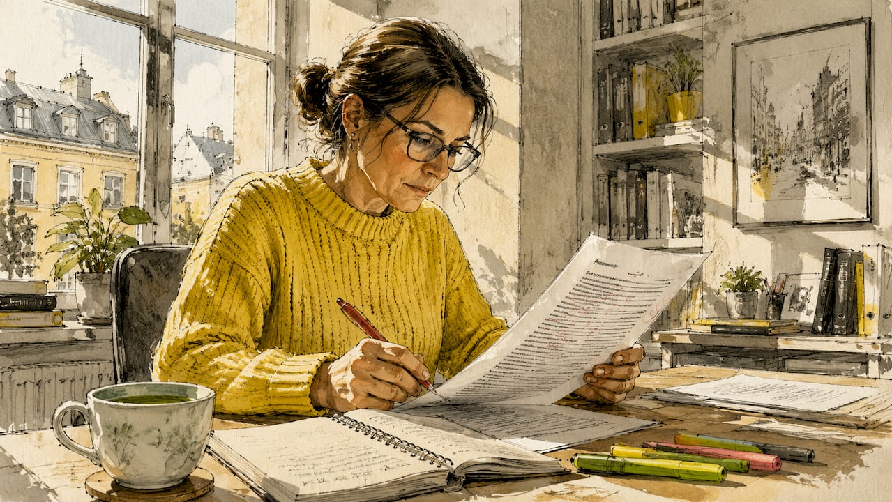 En oversetter sitter ved skrivebordet og går nøye gjennom oversettelsesdokumenter.