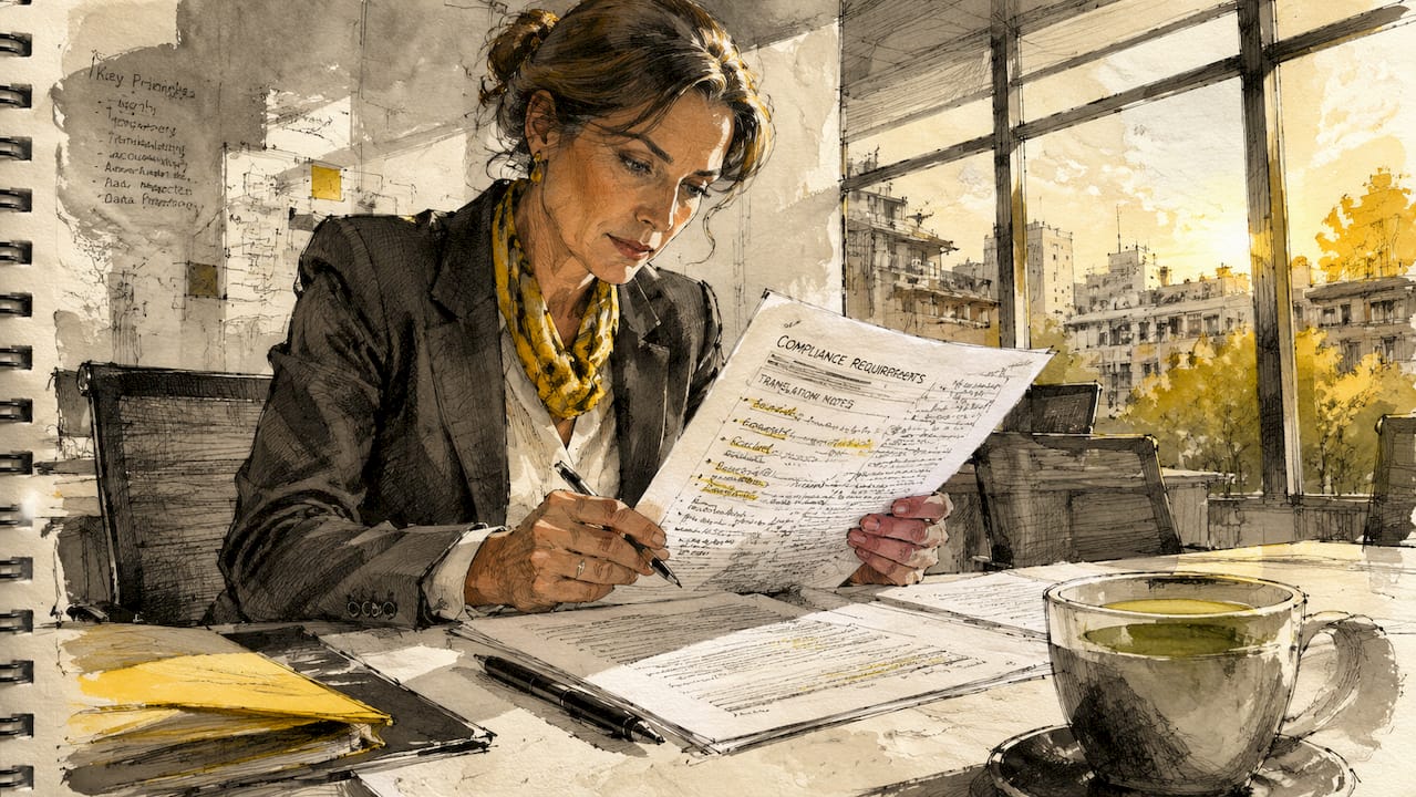 Eine Compliance-Expertin prüft sorgfältig ausgedruckte Unterlagen.