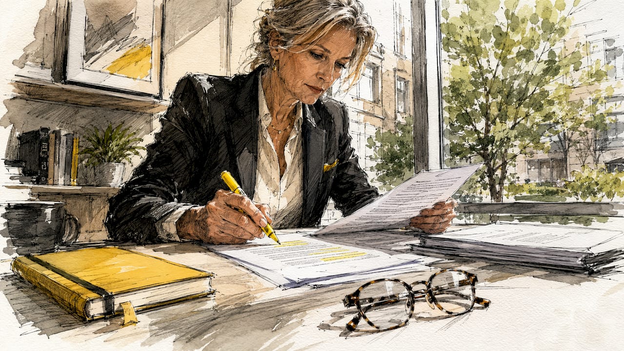 En jurist sitter vid ett bord och går noggrant igenom juridiska papper.
