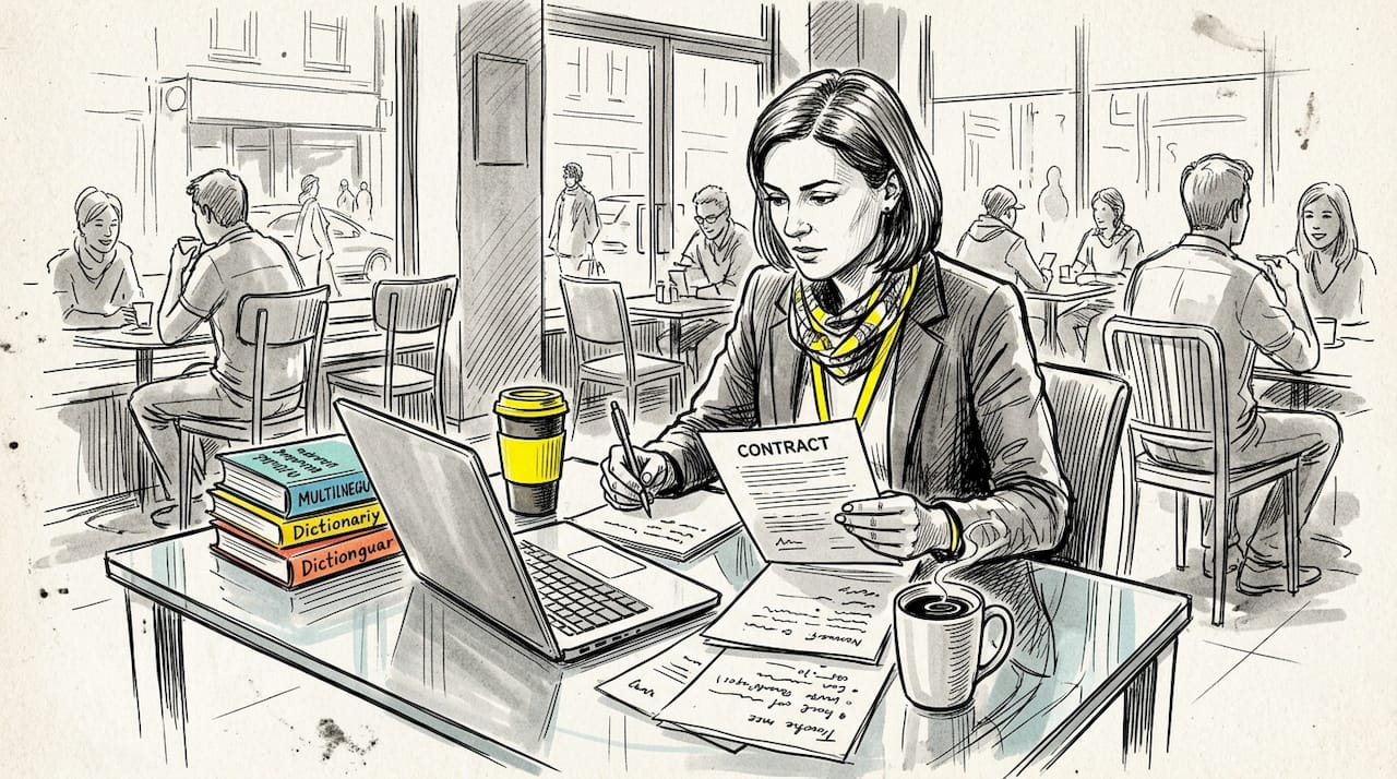 Translator reviewing printed documents in office