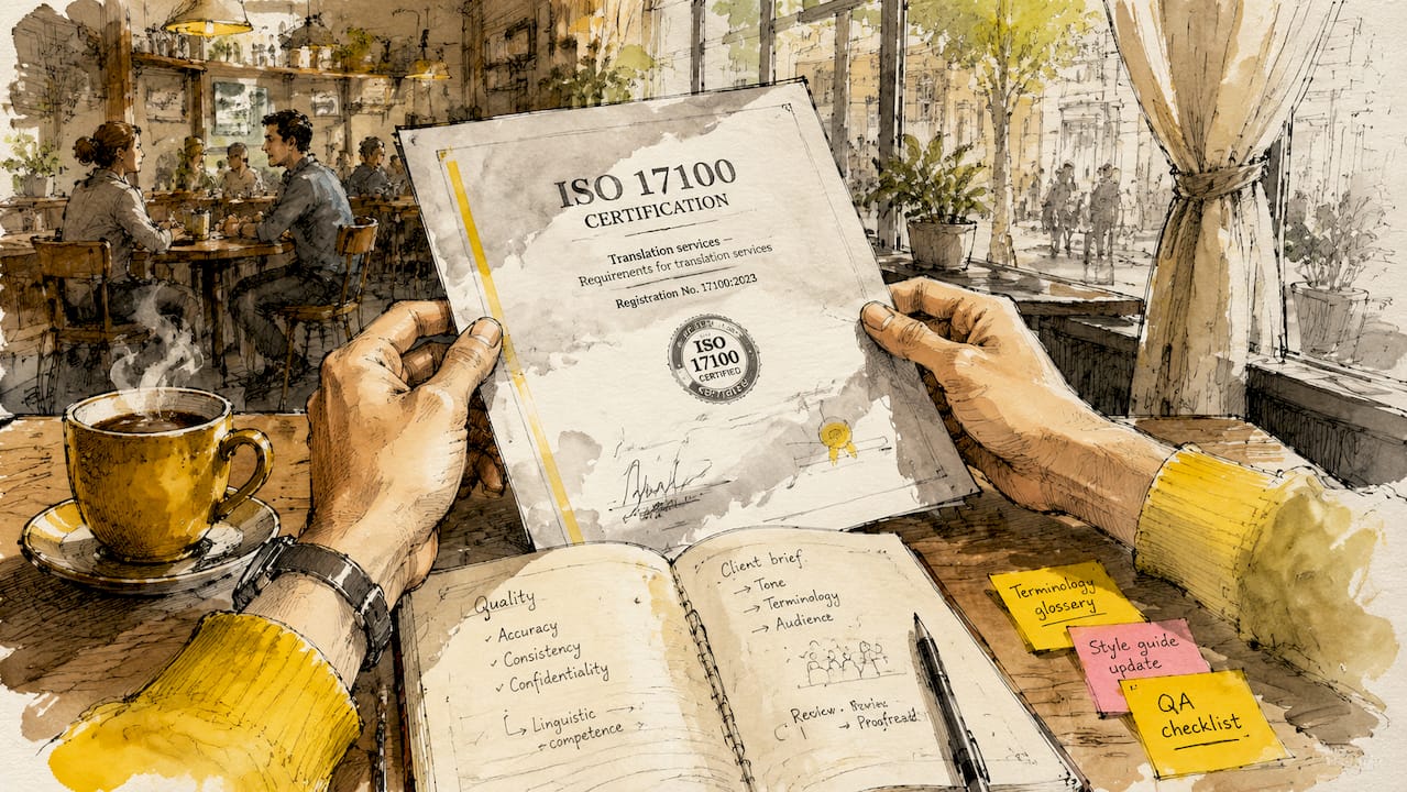 Händer som håller upp ett certifikat för ISO 17100