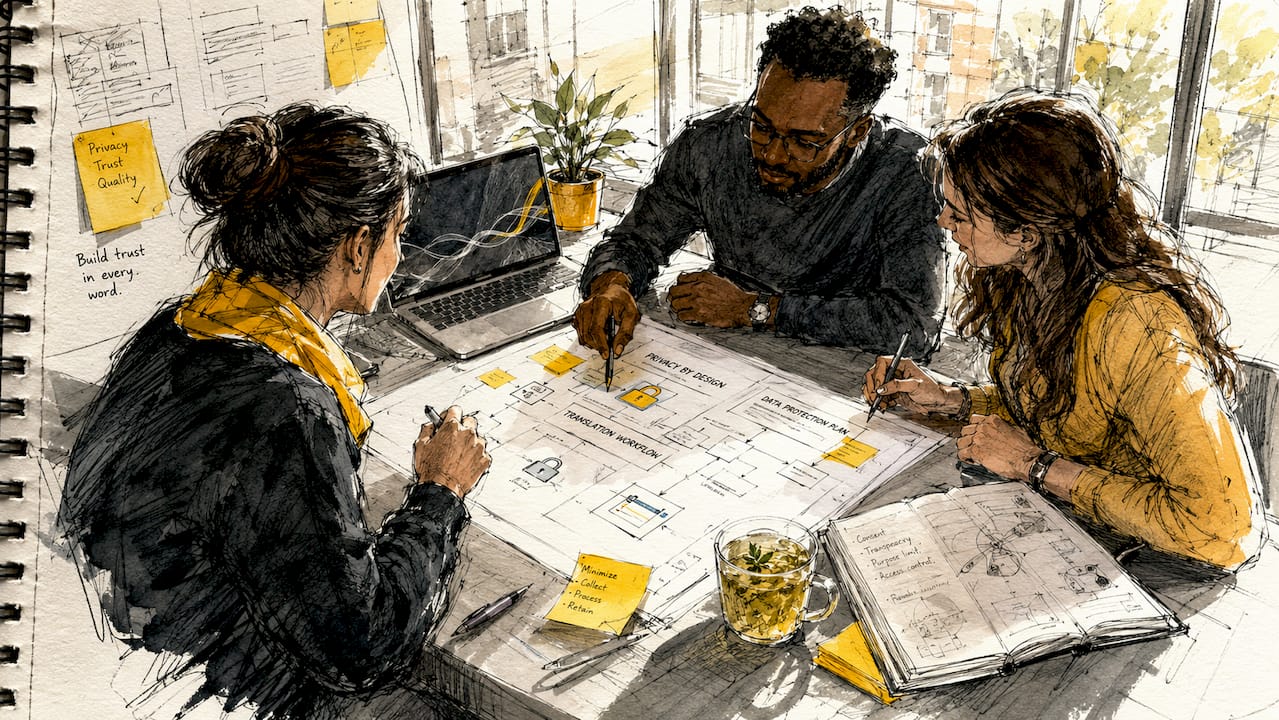 Teamet samler seg for å diskutere hvordan personvern kan ivaretas gjennom hele designprosessen.