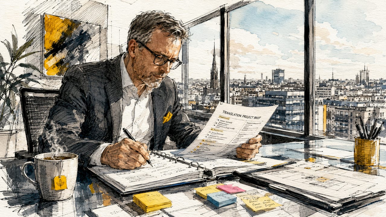 Projektipäällikkö käy läpi käännösdokumentteja