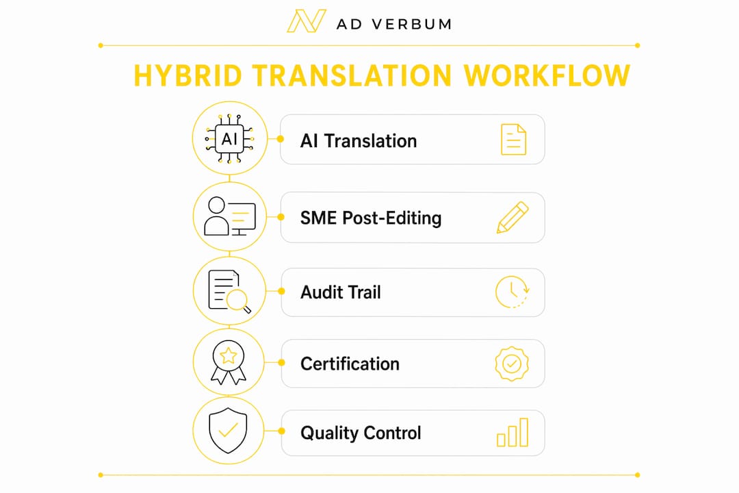 Infographic showing AI+Human hybrid translation workflow steps