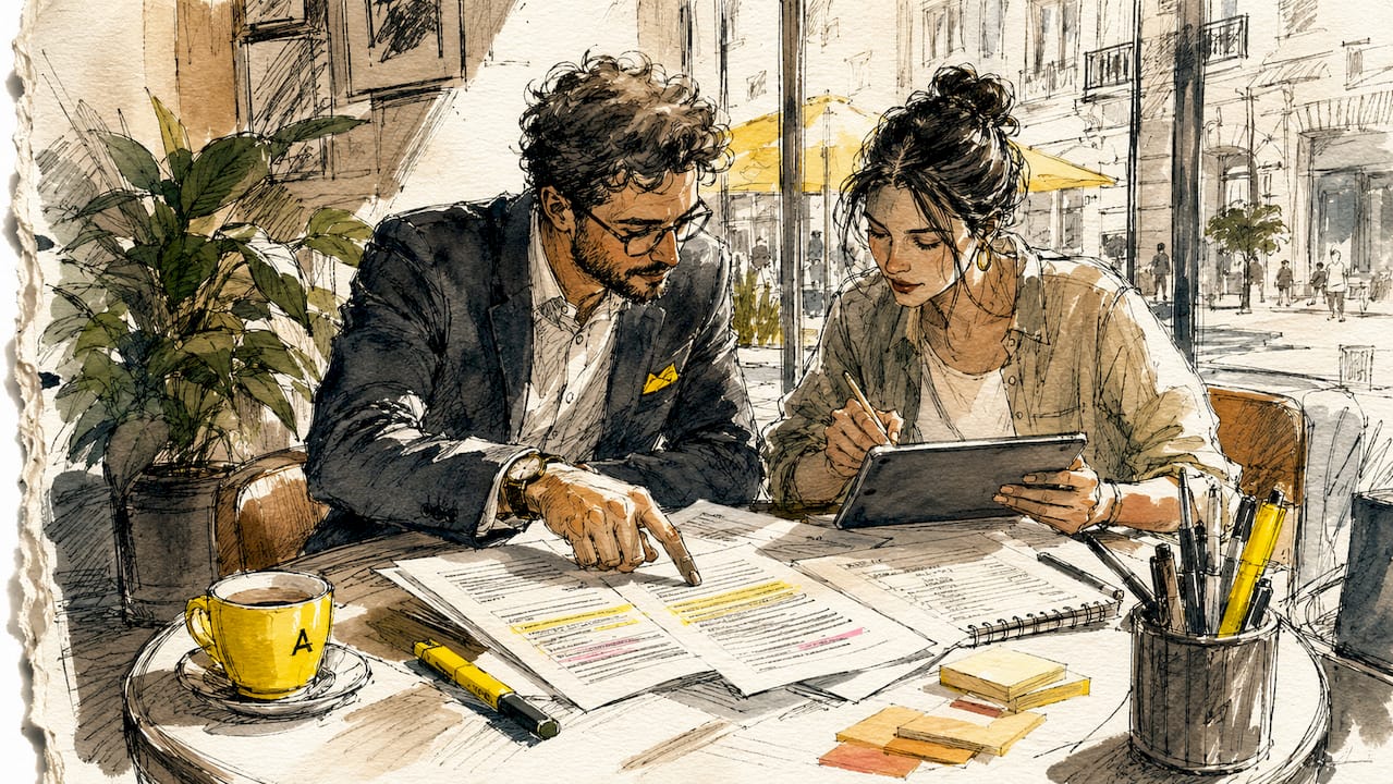 Twee specialisten zitten samen aan tafel en bespreken papieren met vertalingen.