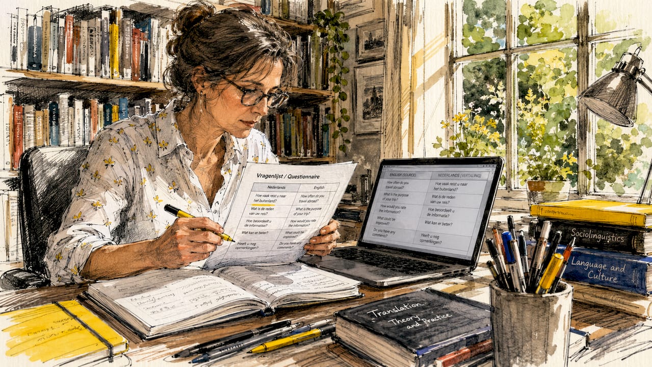 Een taalkundige buigt zich over vertaalde documenten aan zijn bureau.
