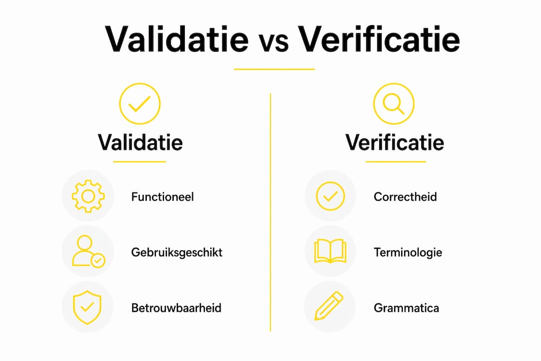 Infographic waarin het verschil tussen validatie en verificatie overzichtelijk wordt weergegeven