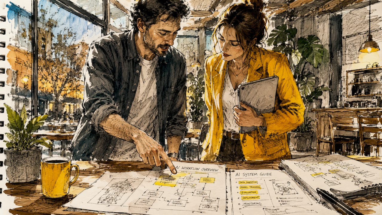 To kolleger sitter og diskuterer hvordan kunstig intelligens kan effektivisere dokumenthåndteringen på arbeidsplassen.