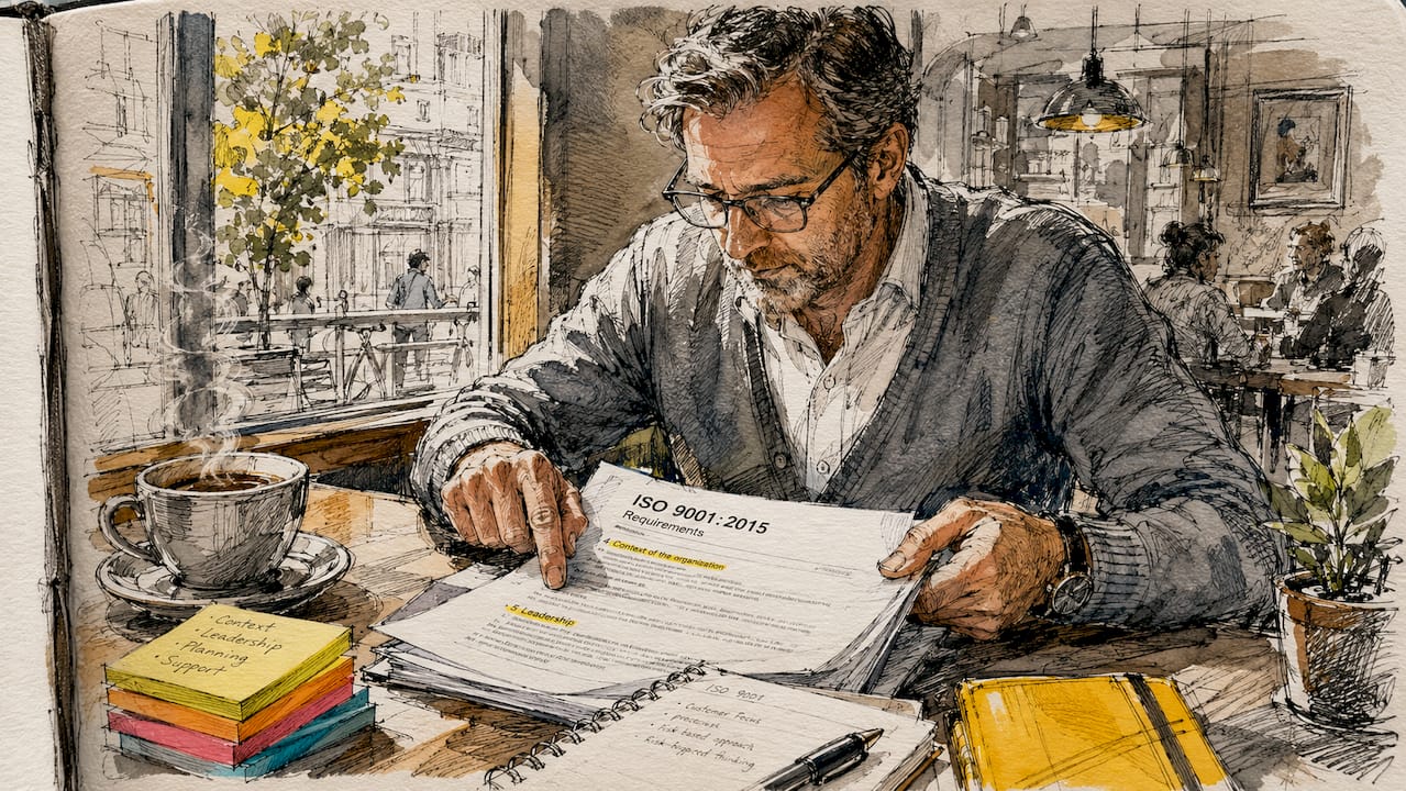 Hænder peger på ISO-standarddokumenter, der ligger spredt ud på bordet.