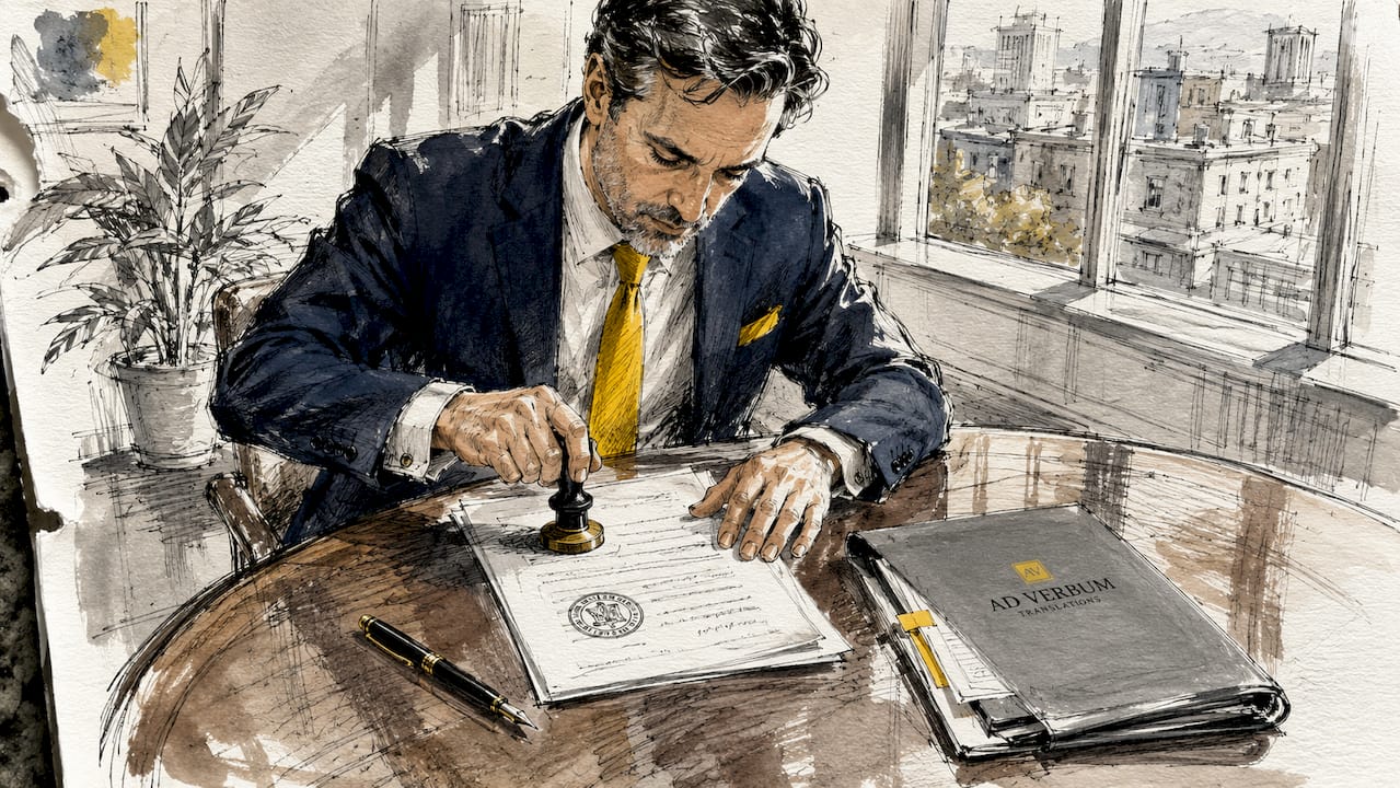 Een hand zet een stempel op een officieel juridisch document.