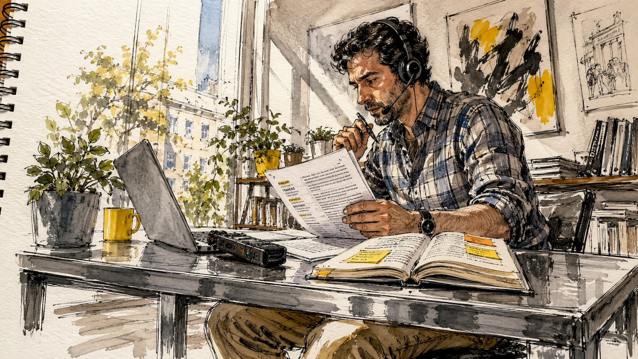 Translator working with documents and headset in office