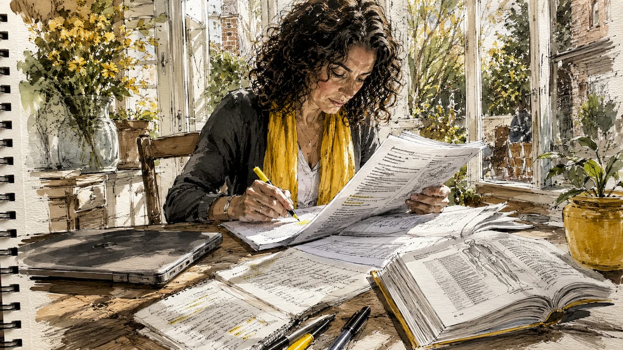 Translator reviewing specialized documents in home office