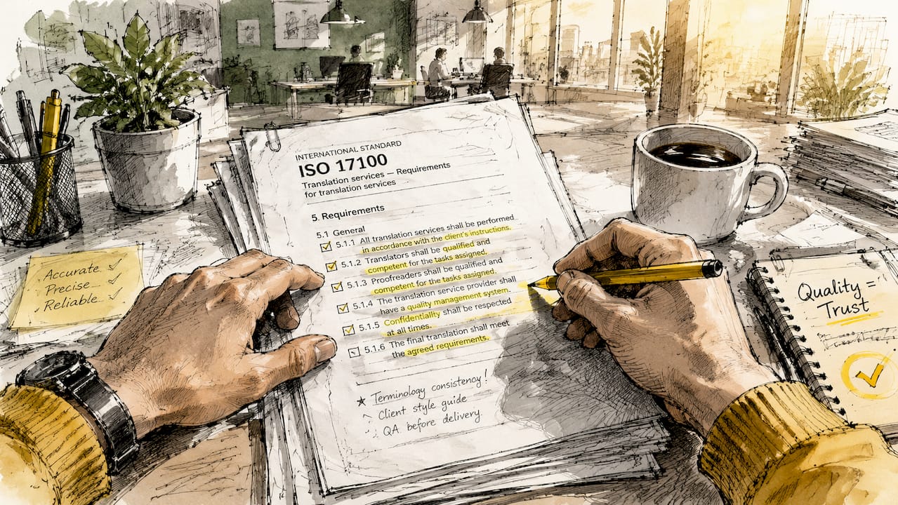 Vy uppifrån på händer som arbetar med ISO-dokument
