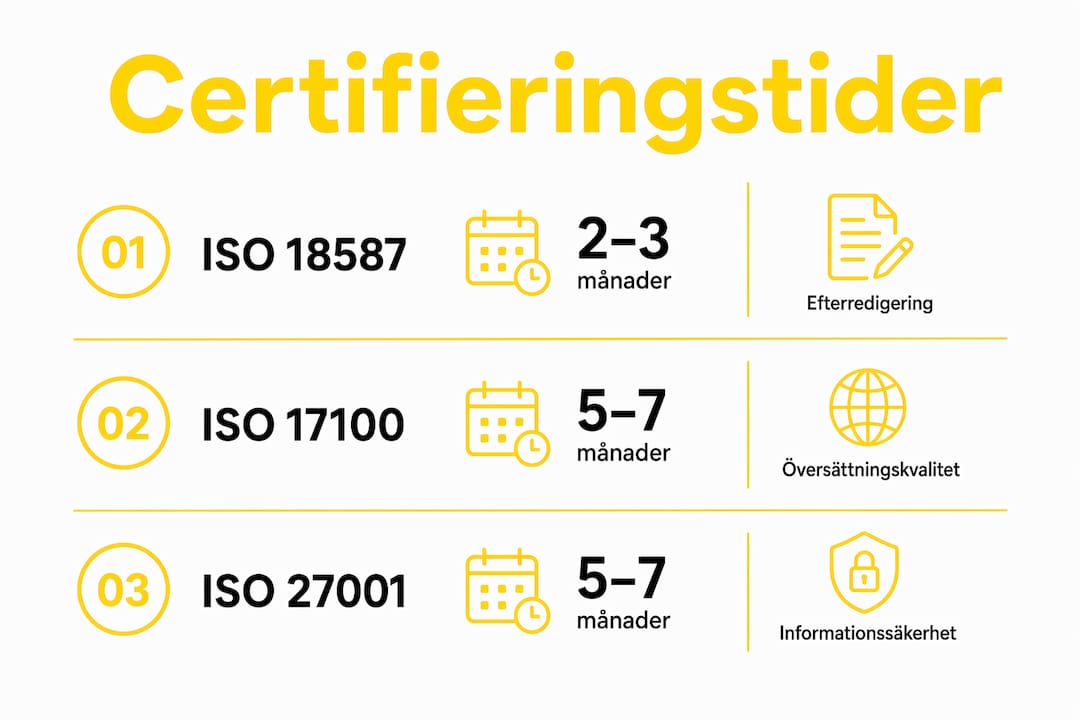 Överskådlig infografik som visar de olika stegen och ungefär hur lång tid varje moment tar i processen för att bli ISO-certifierad.