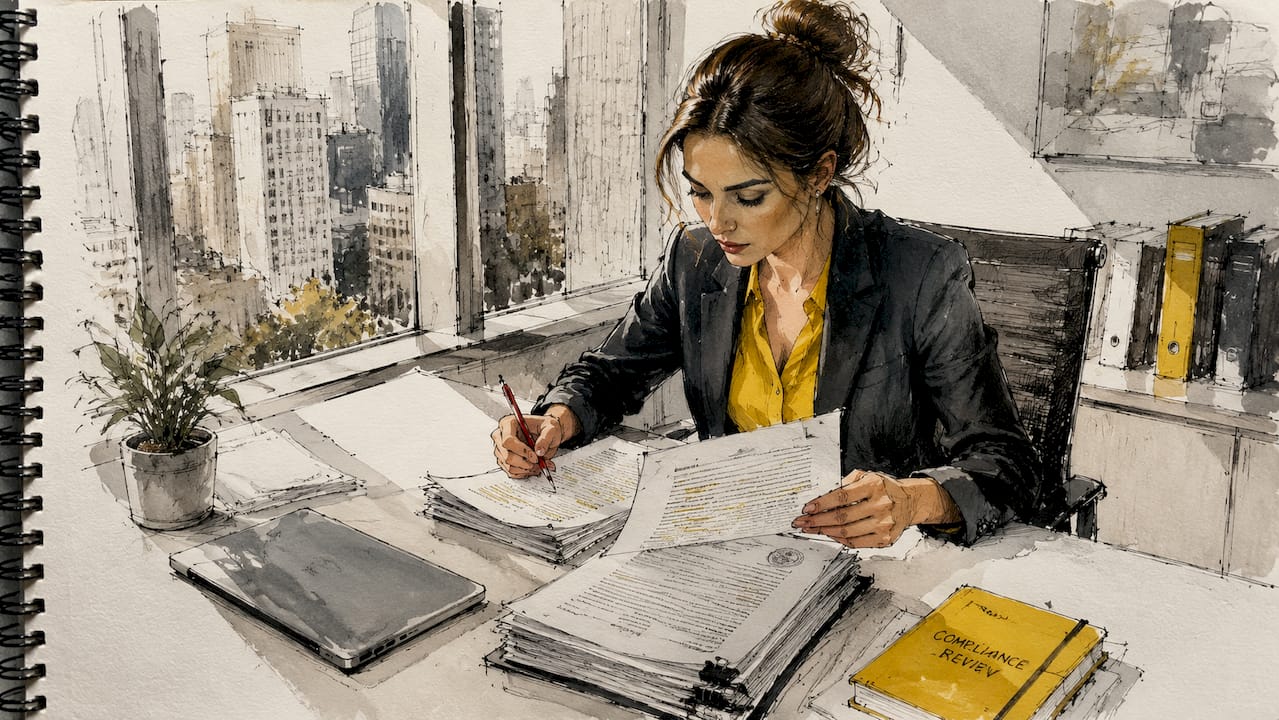 Compliance officer reviewing regulatory documents at desk