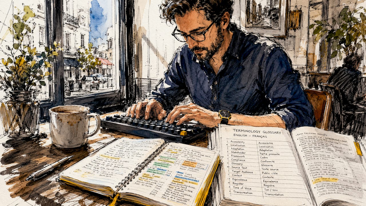 Terminologist's hands typing near printed glossary and notes