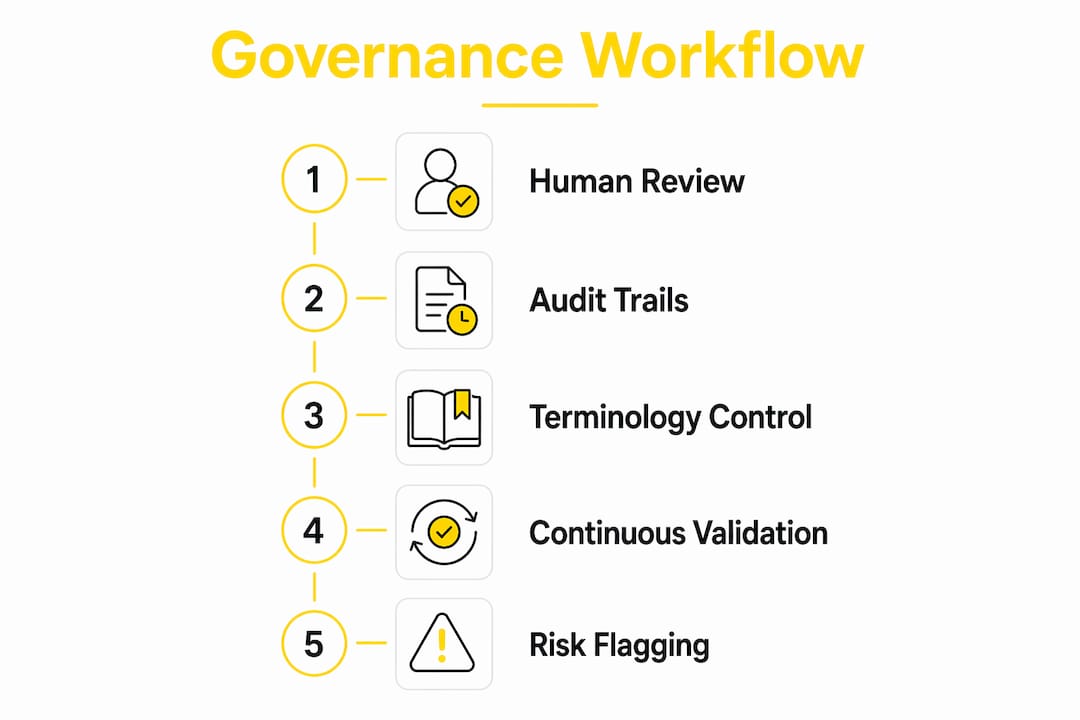 Infographic illustrating governance workflow steps in compliance translation