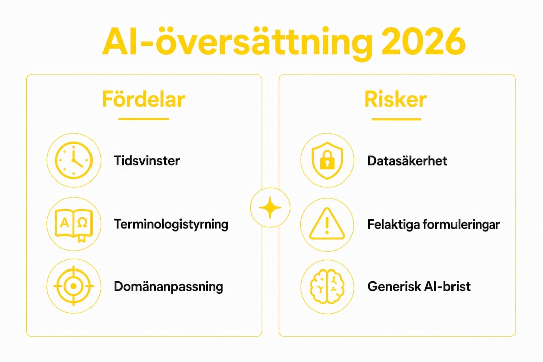 En överskådlig infografik som visar både möjligheter och utmaningar med AI-baserad översättning