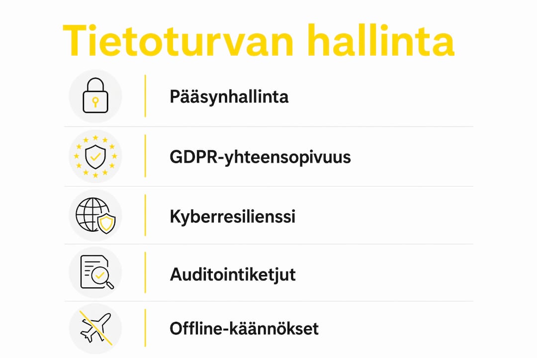 Havainnollistava kuva tietoturvan hallinnan eri vaiheista käännösalan palveluissa
