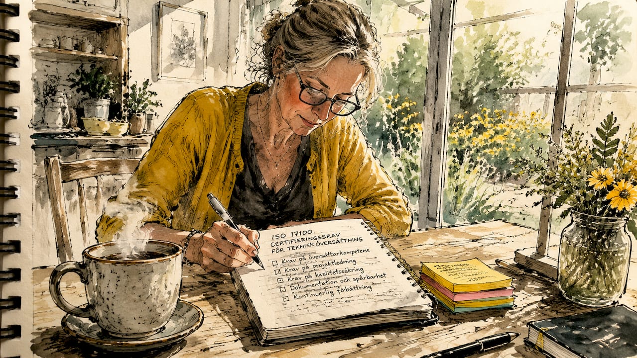 Sitter på ett café och antecknar vad som krävs enligt ISO 17100-standarden.