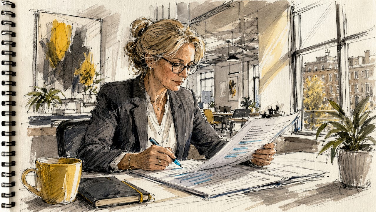 En kvinde sidder ved sit skrivebord og gennemgår compliance-papirer.