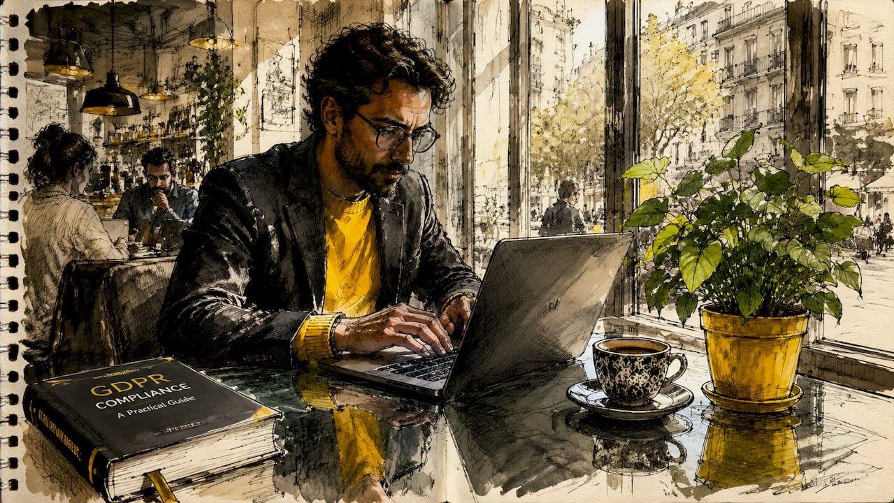 Close-up hands typing on laptop with GDPR book