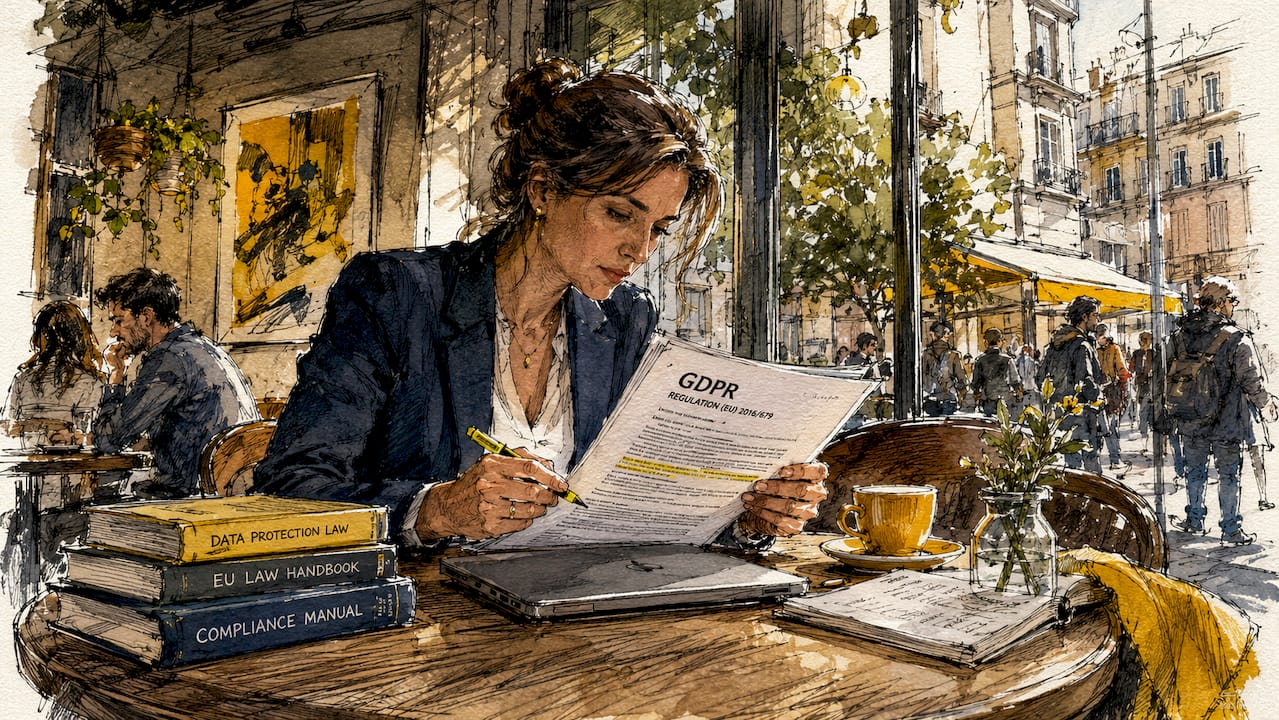 Compliance officer reviewing GDPR documents at desk