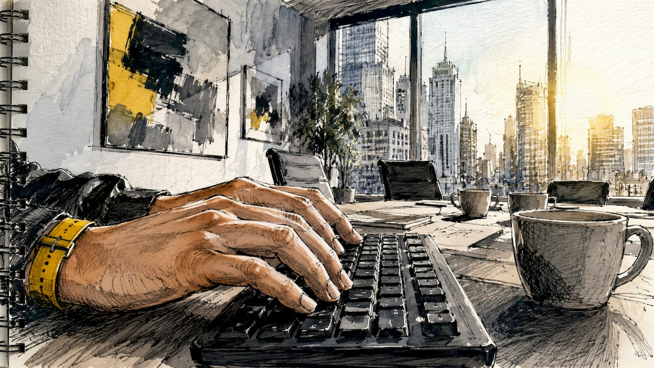 Fingers fliegen über die Tastatur, während der Bildschirm im Hintergrund verschwommen bleibt.