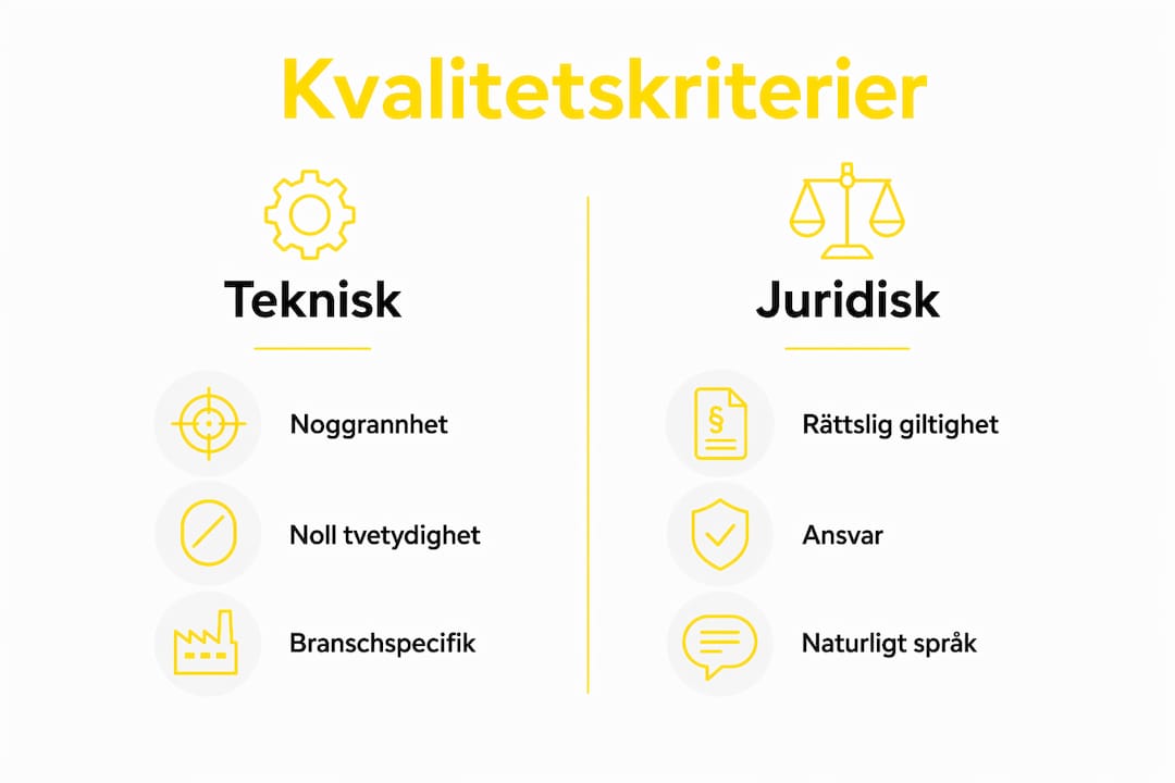 En överskådlig infograf som visar skillnaderna i kvalitetskrav mellan tekniska och juridiska översättningar
