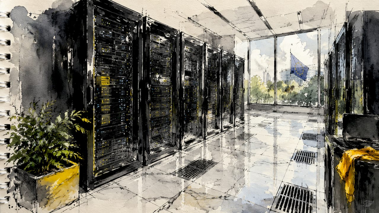 Een moderne, streng beveiligde serverruimte in een datacenter